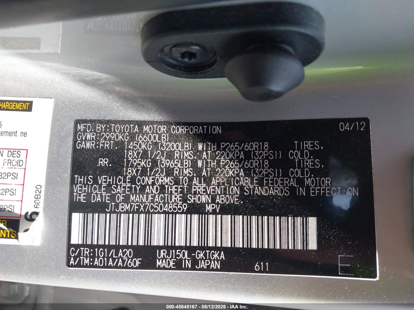 LEXUS GX 460 2012 VIN JTJBM7FX7C5048559