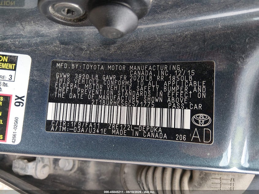 TOYOTA COROLLA 2016 VIN 2T1BURHE5GC571775