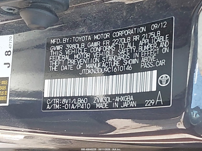 TOYOTA PRIUS 2012 VIN JTDKN3DU9C1610146