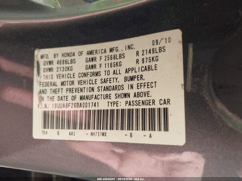 ACURA TL 2011 VIN 19UUA8F26BA001741