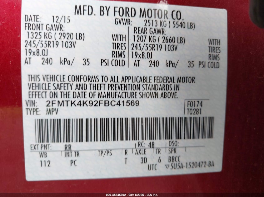 2015 FORD EDGE SPORT UTILITY VEHICLE 2.0L I-4 DI, DOHC, VVT, TURBO, 245HP
