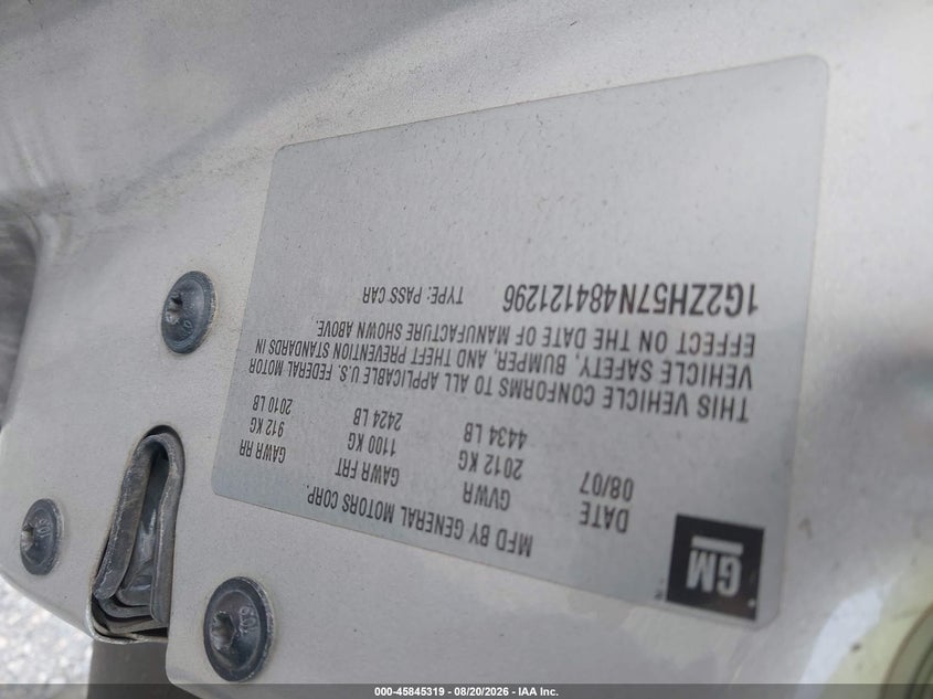 PONTIAC G6 2008 VIN 1G2ZH57N484121296