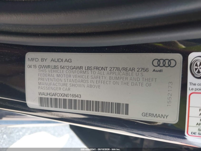 AUDI A6 2016 VIN WAUHGAFC0GN016943
