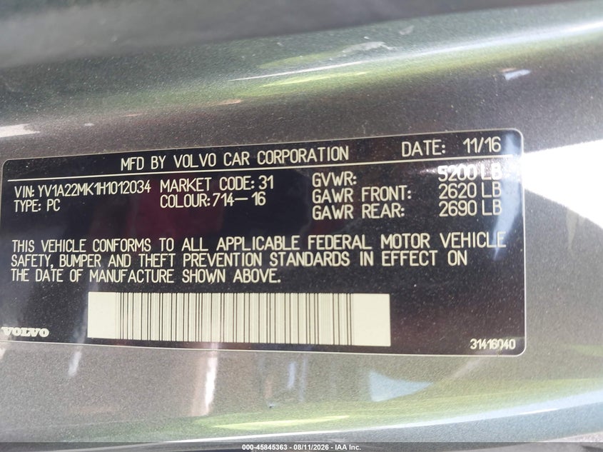 VOLVO S90 2017 VIN YV1A22MK1H1012034