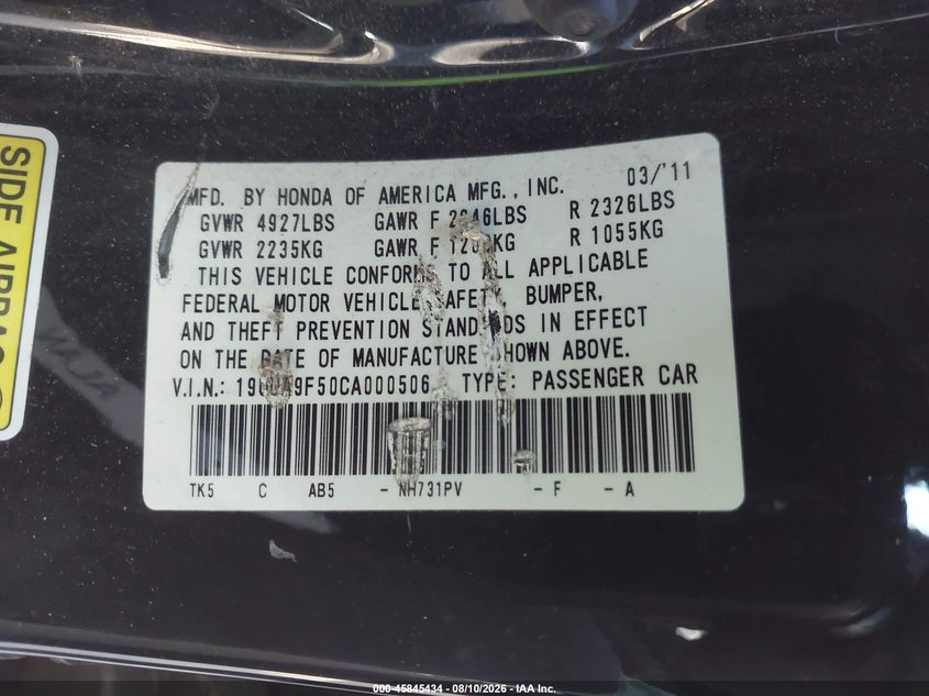ACURA TL 2012 VIN 19UUA9F50CA000506