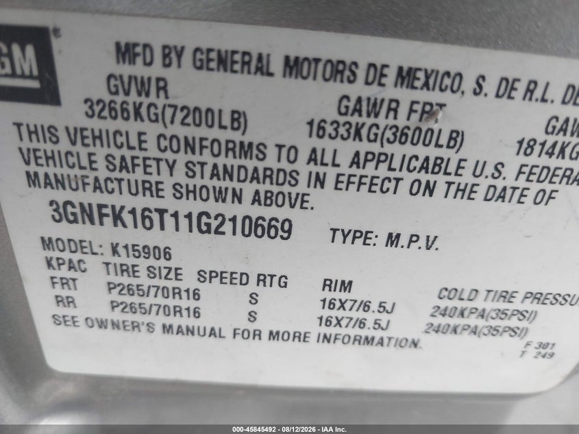 2001 CHEVROLET SUBURBAN 1500 auction photo 8