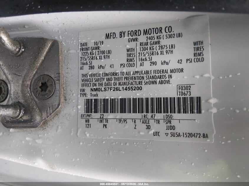 FORD TRANSIT CONNECT 2020 VIN NM0LS7F26L1455200