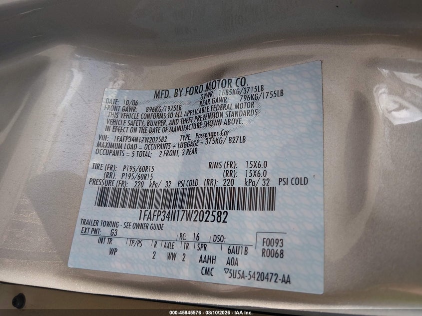 FORD FOCUS 2007 VIN 1FAFP34N17W202582