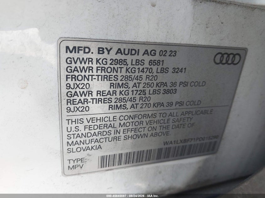 AUDI Q7 2023 VIN WA1LXBF71PD015290