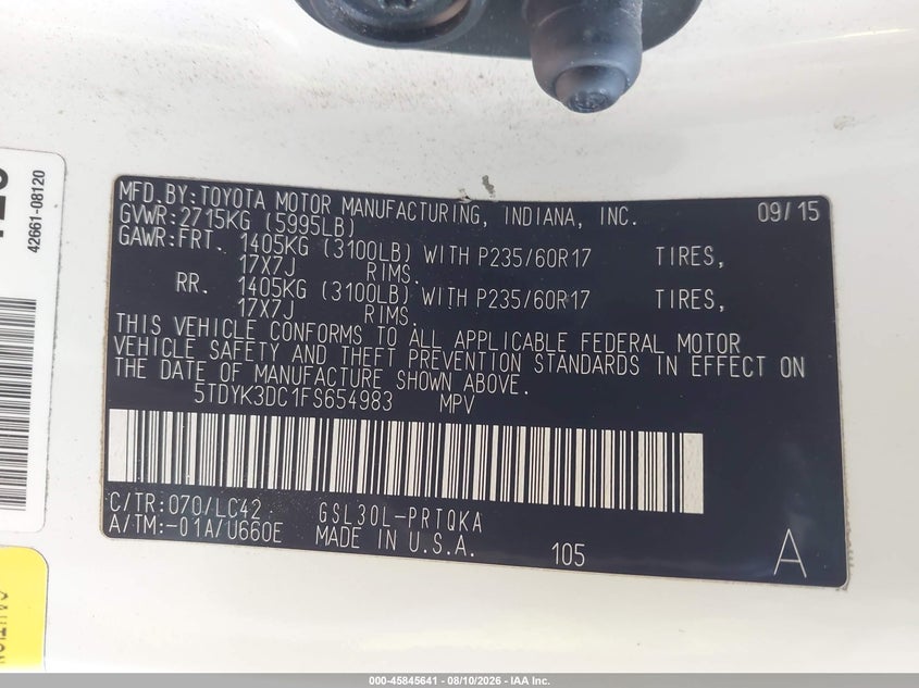 2015 TOYOTA SIENNA VAN 3.5L V-6 DOHC, VVT, 266HP