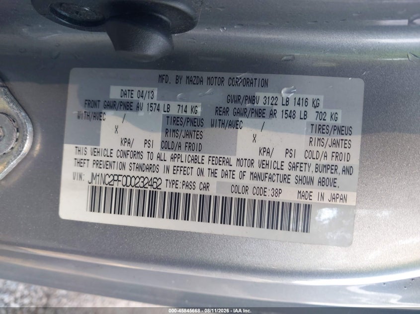 2013 MAZDA MX-5 CABRIO 2L I4 FI DOHC 16V NF4