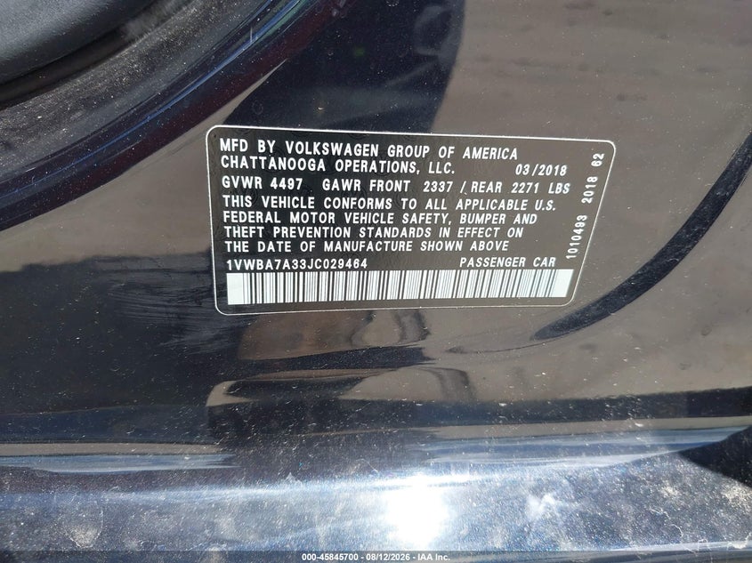 VOLKSWAGEN PASSAT 2018 VIN 1VWBA7A33JC029464
