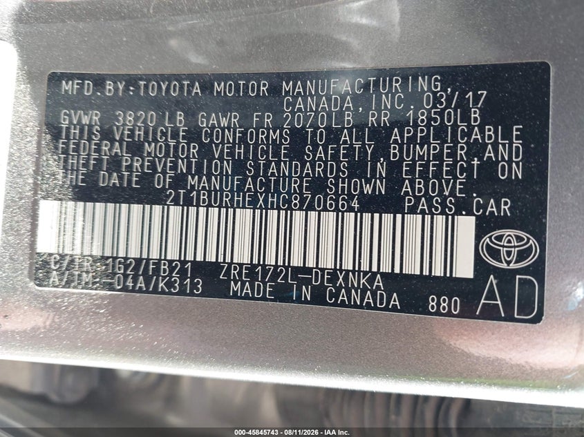 2017 TOYOTA COROLLA SEDAN 1.8L I-4 DOHC, VVT, 132HP