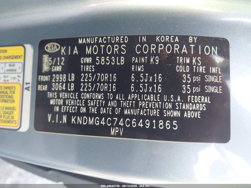 2012 KIA SEDONA VAN 3.5L V-6 DOHC, VVT, 271HP