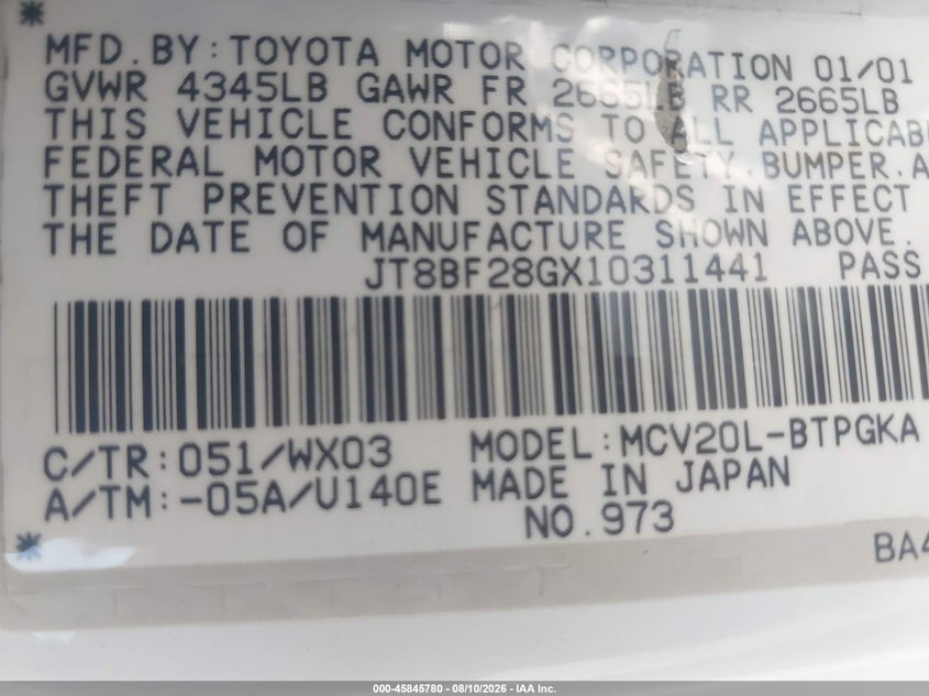 2001 LEXUS ES SEDAN 3.0L V-6 DOHC, VVT, 210HP