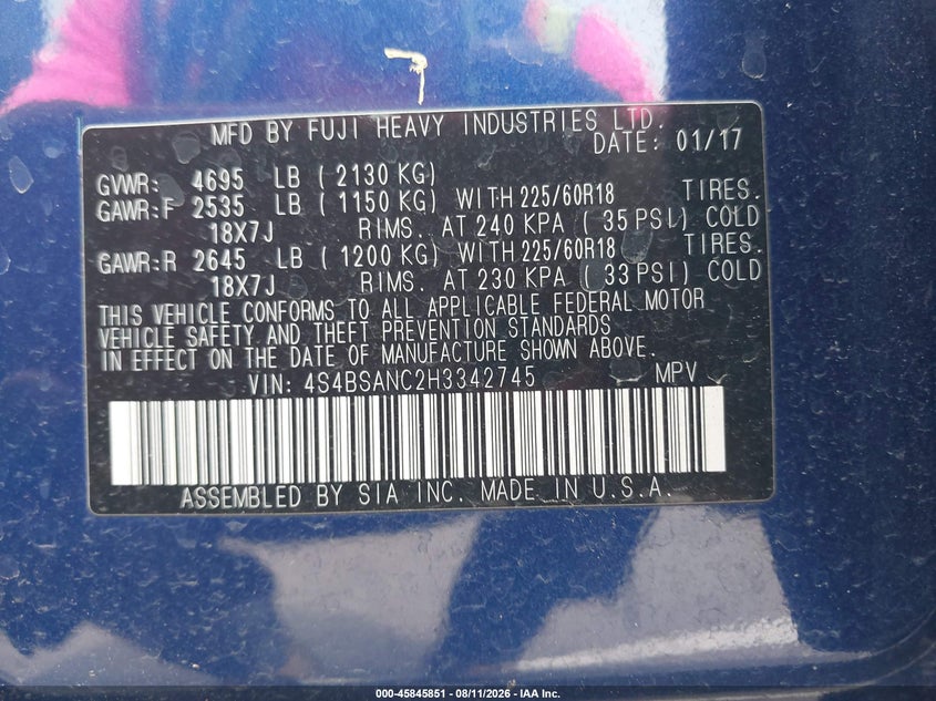 SUBARU OUTBACK 2017 VIN 4S4BSANC2H3342745
