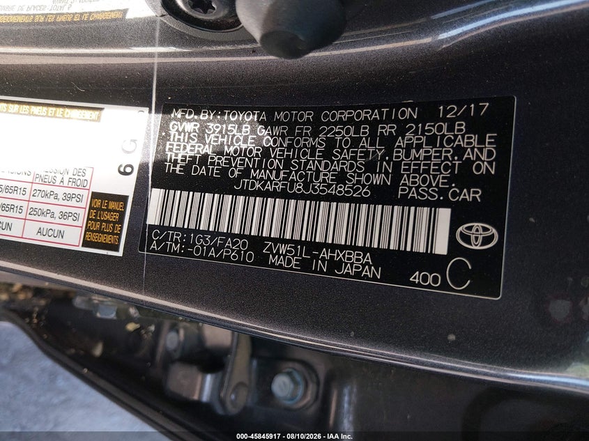 TOYOTA PRIUS 2018 VIN JTDKARFU8J3548526