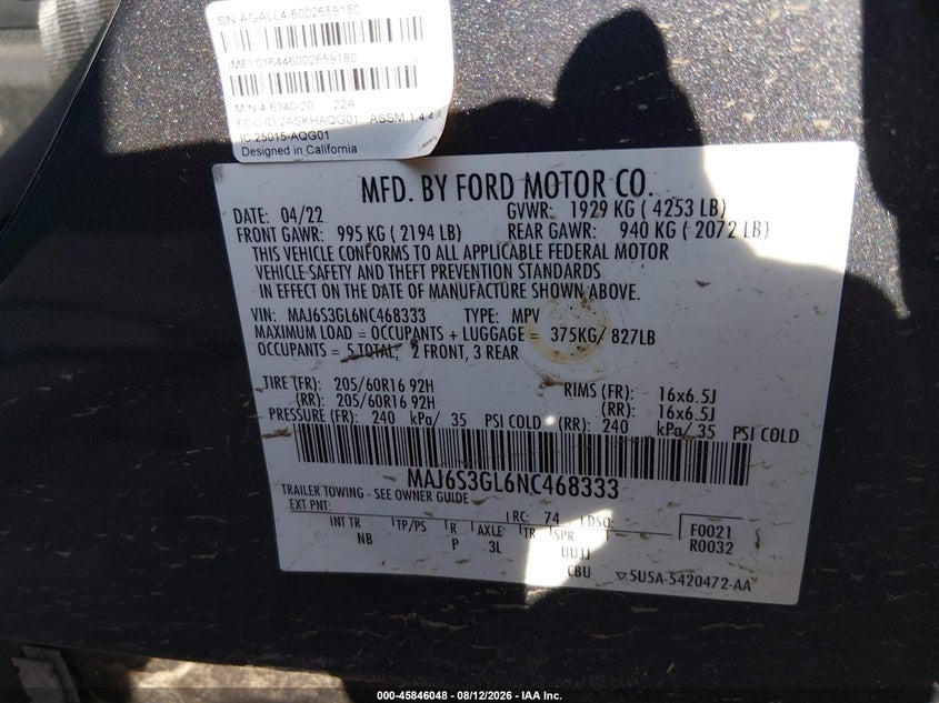 FORD ECOSPORT 2022 VIN MAJ6S3GL6NC468333