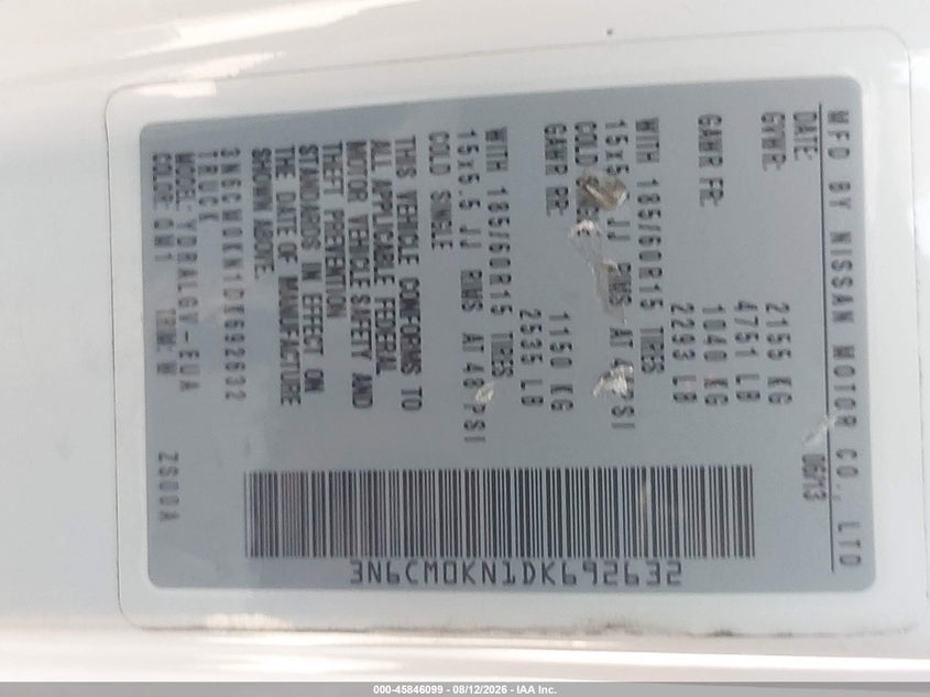 NISSAN NV200 2013 VIN 3N6CM0KN1DK692632