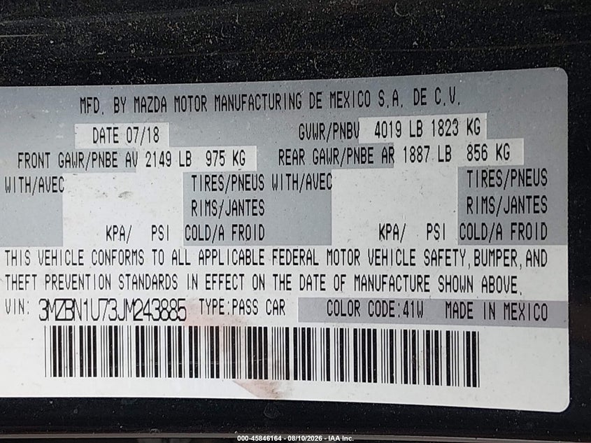 2018 MAZDA 3 SEDAN 2.0L I-4 DI, DOHC, VVT, 155HP