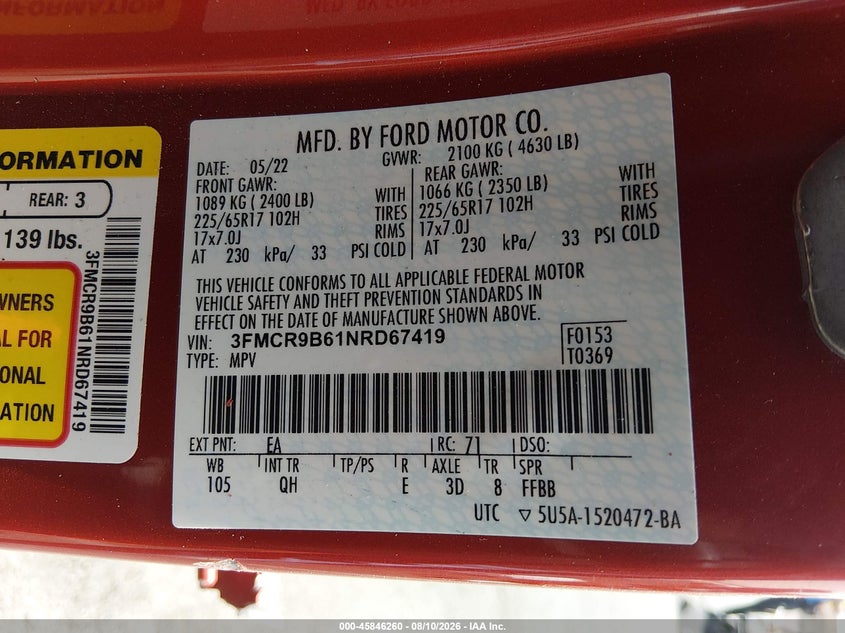 FORD BRONCO SPORT 2022 VIN 3FMCR9B61NRD67419