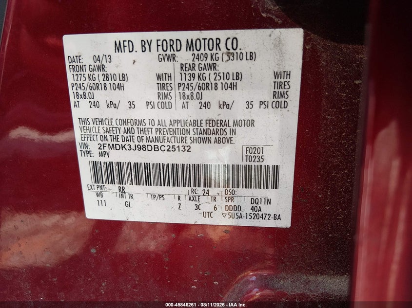 FORD EDGE 2013 VIN 2FMDK3J98DBC25132