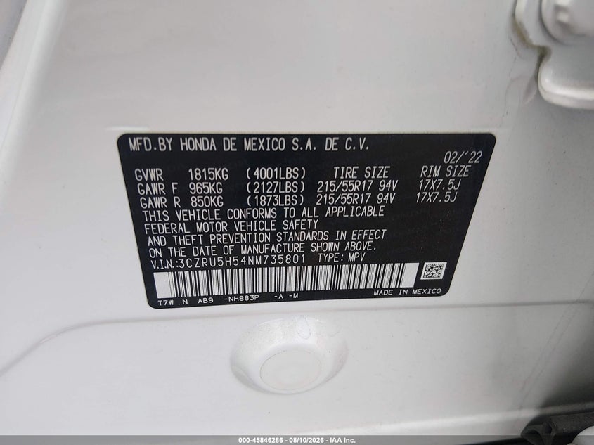 HONDA HR-V 2022 VIN 3CZRU5H54NM735801