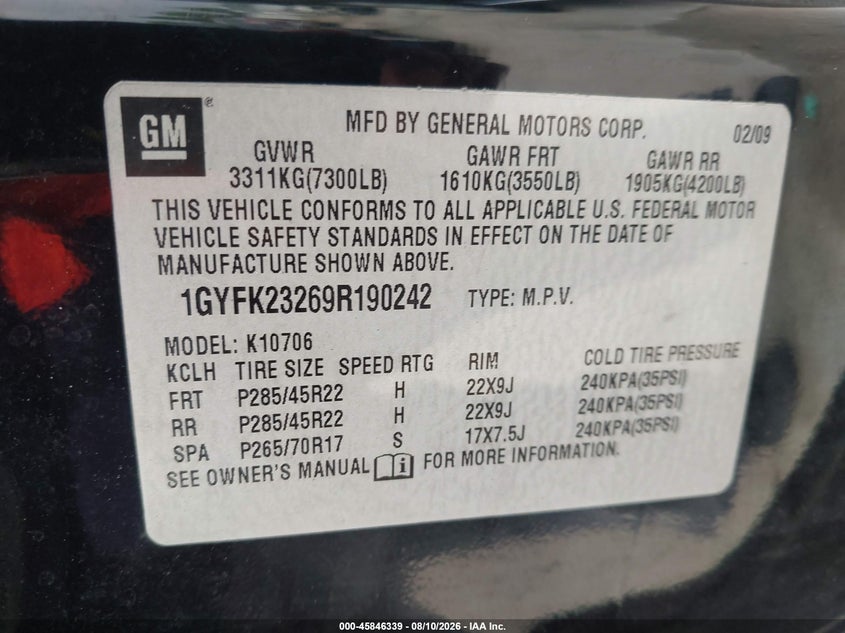 CADILLAC ESCALADE 2009 VIN 1GYFK23269R190242