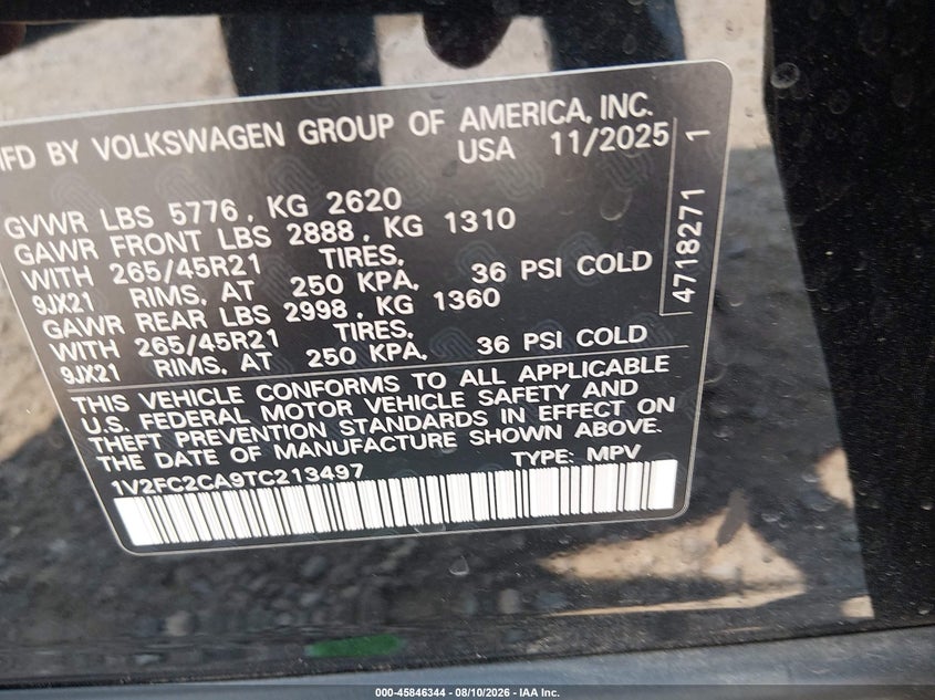 VOLKSWAGEN ATLAS CROSS SPORT 2026 VIN 1V2FC2CA9TC213497