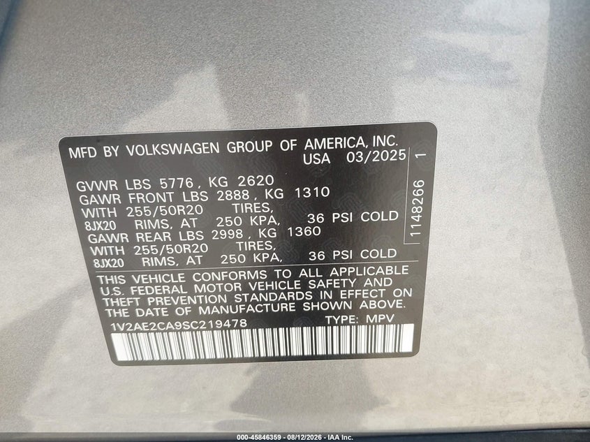 VOLKSWAGEN ATLAS CROSS SPORT 2025 VIN 1V2AE2CA9SC219478