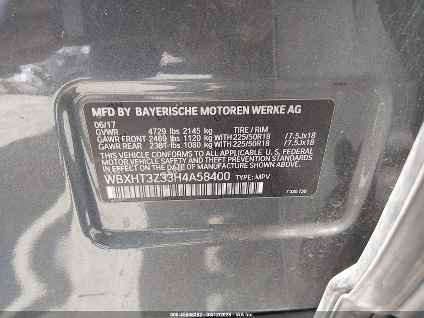 BMW X1 2017 VIN WBXHT3Z33H4A58400
