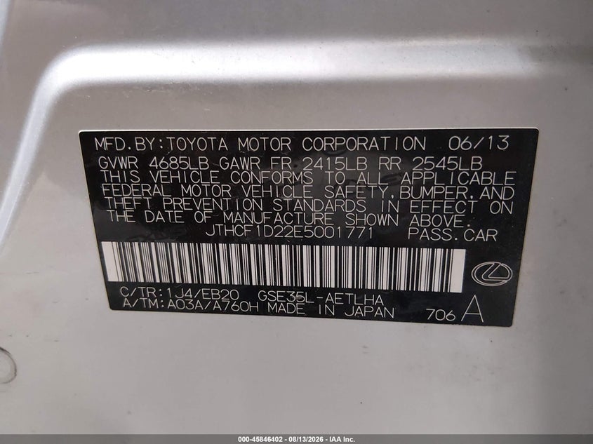 2014 LEXUS IS SEDAN 2.5L V-6 DI, DOHC, VVT, 204HP