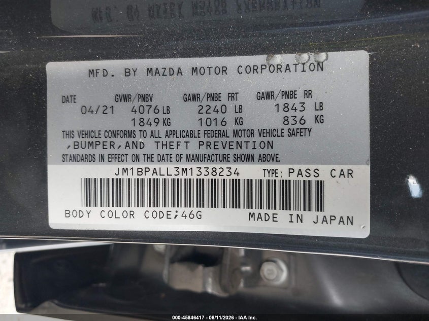 MAZDA MAZDA3 2021 VIN JM1BPALL3M1338234
