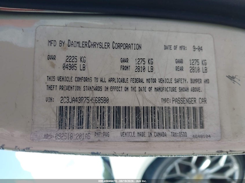 2005 CHRYSLER 300 SEDAN 2.7L V-6 DOHC, 190HP