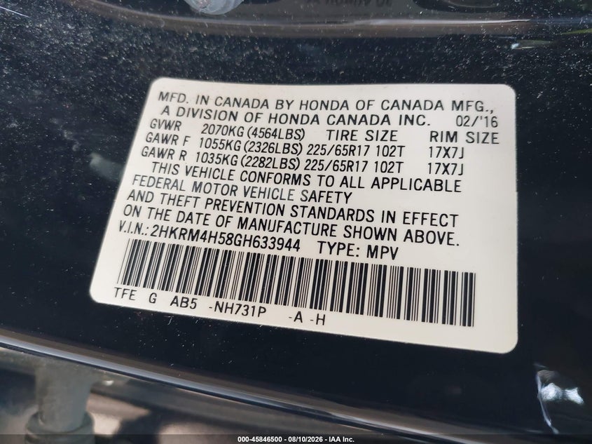 2016 HONDA CR-V SPORT UTILITY VEHICLE 2.4L I-4 DI, DOHC, VVT, 185HP