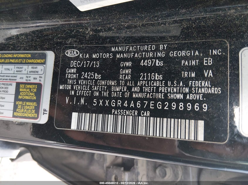 KIA OPTIMA 2014 VIN 5XXGR4A67EG298969
