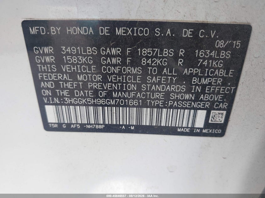 HONDA FIT 2016 VIN 3HGGK5H96GM701661