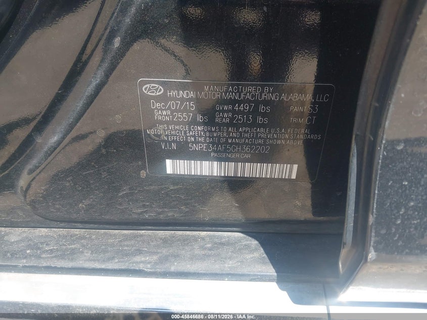 2016 HYUNDAI SONATA SEDAN 2.4L I-4 DI, DOHC, VVT, 185HP