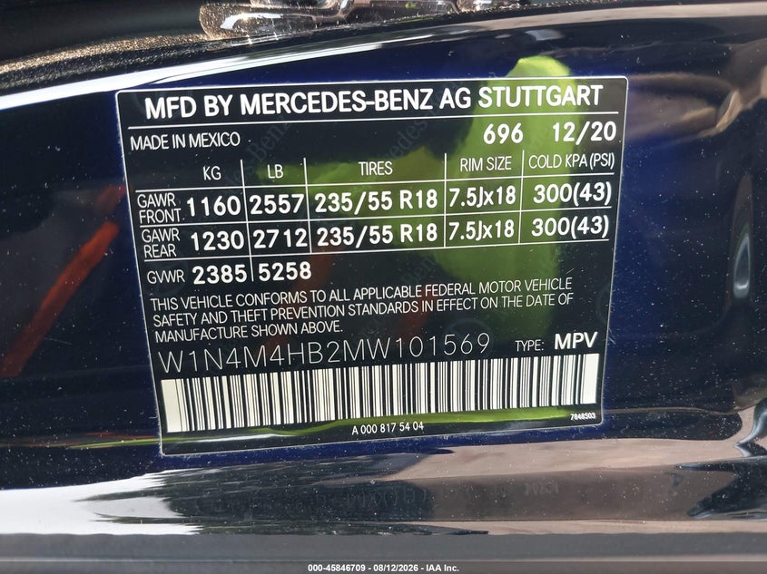 MERCEDES-BENZ GLB 250 2021 VIN W1N4M4HB2MW101569