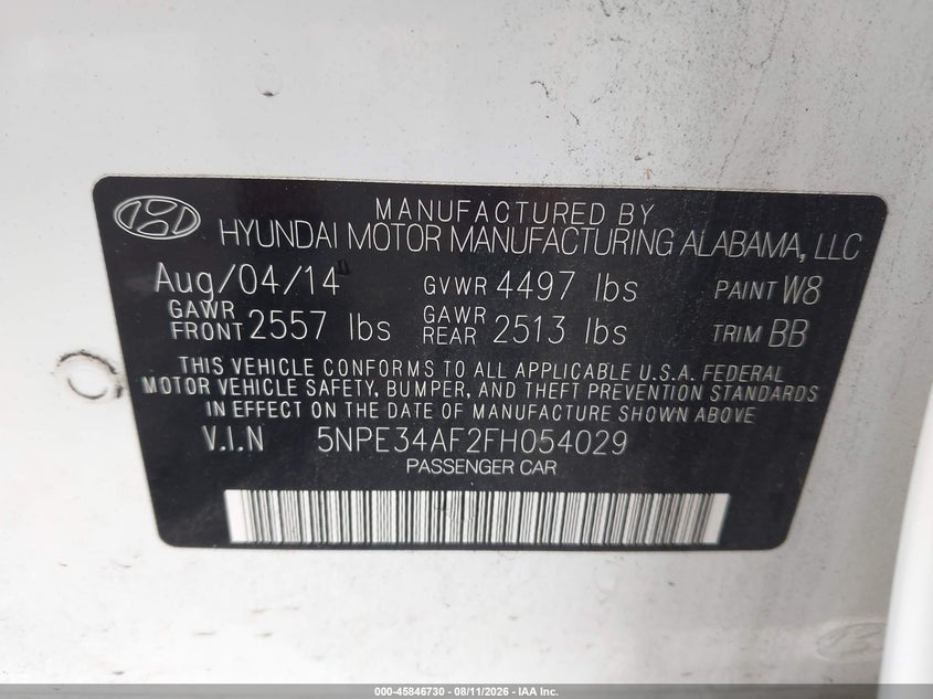 2015 HYUNDAI SONATA SEDAN 2.4L I-4 DI, DOHC, VVT, 185HP