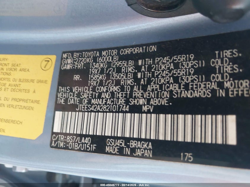 TOYOTA HIGHLANDER 2008 VIN JTEES42A282101744