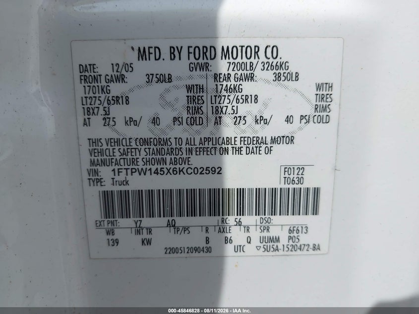 FORD F-150 2006 VIN 1FTPW145X6KC02592