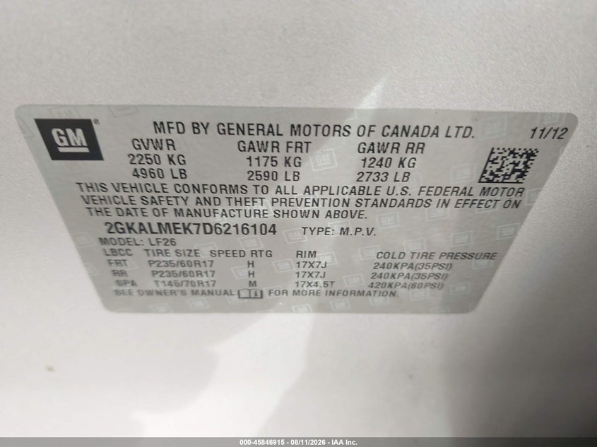 GMC TERRAIN 2013 VIN 2GKALMEK7D6216104