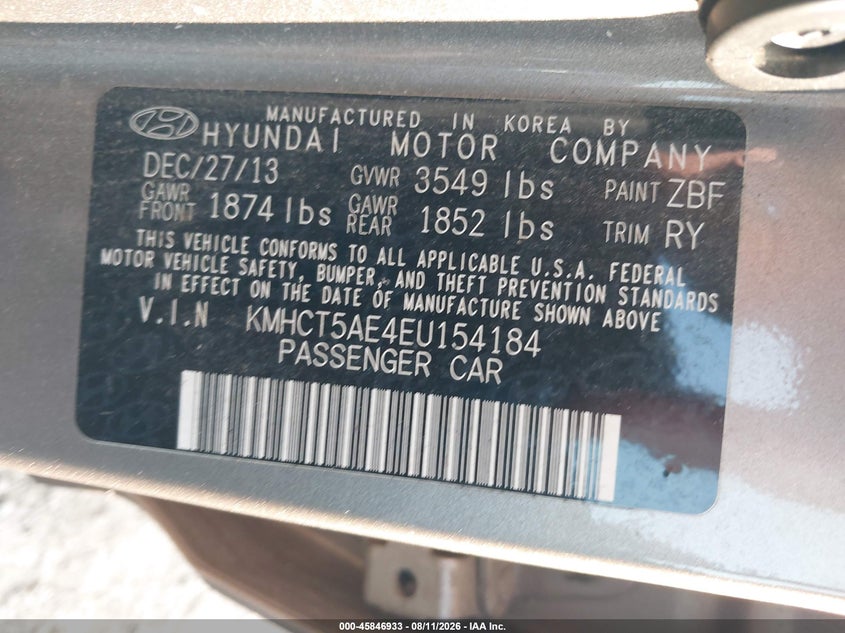 HYUNDAI ACCENT 2014 VIN KMHCT5AE4EU154184