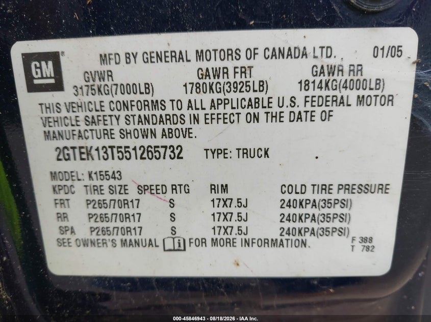 GMC SIERRA 1500 2005 VIN 2GTEK13T551265732