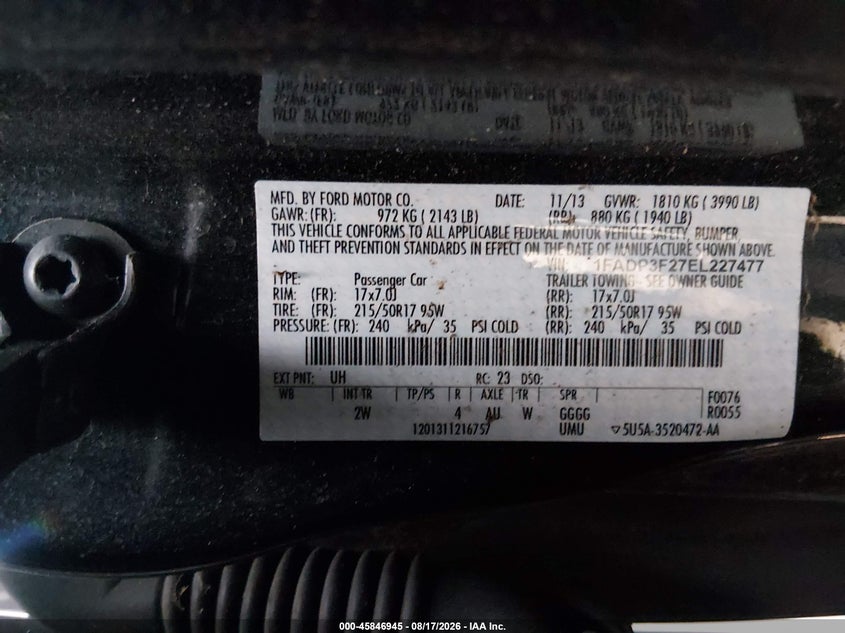 FORD FOCUS 2014 VIN 1FADP3F27EL227477