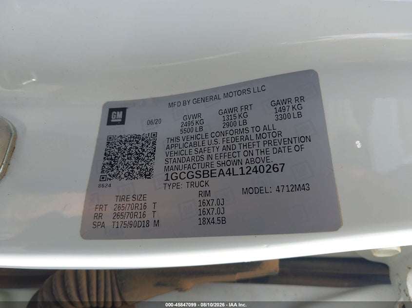 CHEVROLET COLORADO 2020 VIN 1GCGSBEA4L1240267