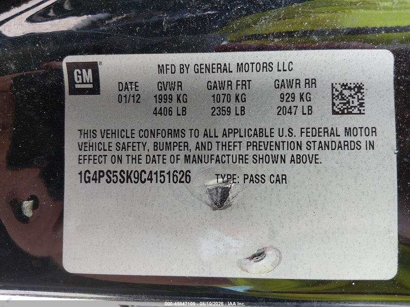 BUICK VERANO 2012 VIN 1G4PS5SK9C4151626