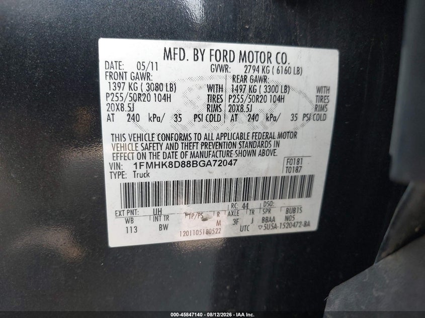 FORD EXPLORER 2011 VIN 1FMHK8D88BGA72047