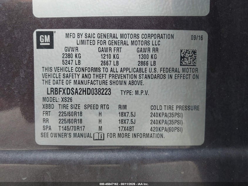 BUICK ENVISION 2017 VIN LRBFXDSA2HD038223